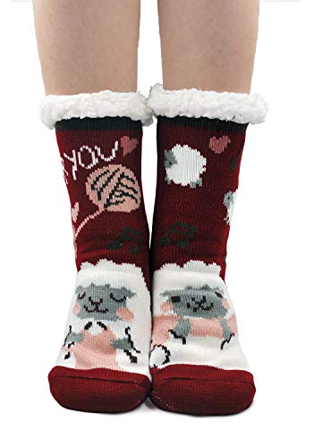 CaiDieNu Chaussettes Femme Hiver Épais Chauds Chaussons Chaussettes avec semelle antidérapante Fille Chaussettes à La Maison Noël Cadeau 1 Paire(Mouton rouge,35-41) Cover