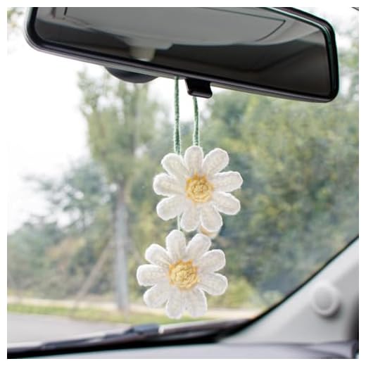 Adorno Colgante de Coch,Adorno colgante de espejo retrovisor de margarita tejido a mano，decoración coche，retroviso decoración de coche，decoración coche，Decoración de Espejo Retrovisor de Coche (Blanco