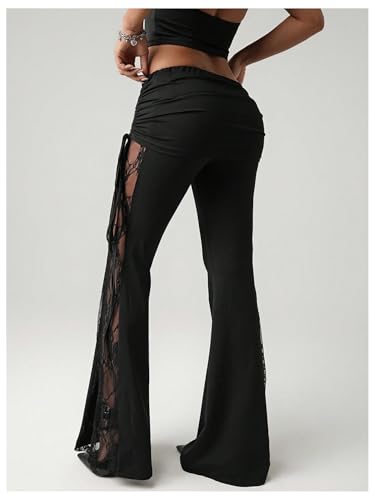 Verdusa Women's Lace Ruched Fold Over Leggings Flare Pants Rave Club Low Rise Long Trousers2