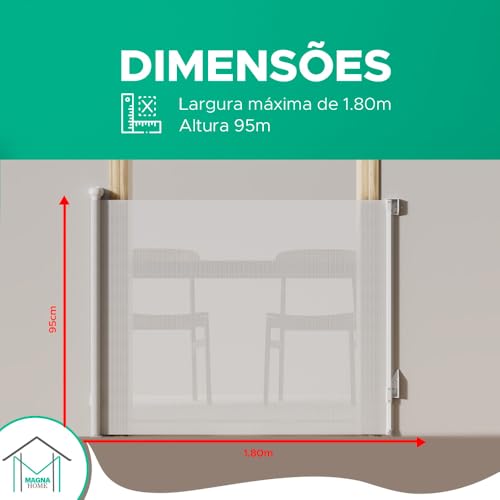 Portão Retrátil para Bebês e Animais de Estimação, Magna Home, Branco, PVC e ABS, 89cm x 1,8m