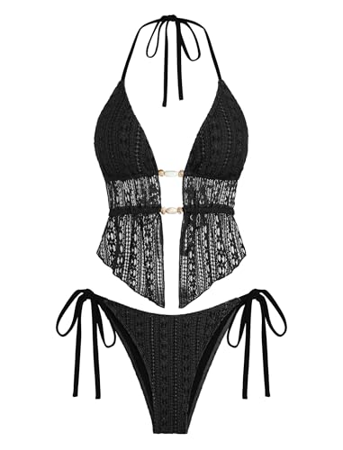 Image of ZAFUL Halter Swimsuits for Women Textured Backless 2 Piece Bathing Suits Cheeky High Cut String Tie Side Bikini Sets