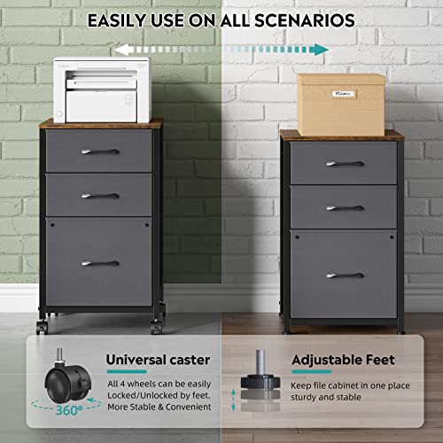 Raybee File Cabinets For Home Office 3 Drawer Rolling File Cabinet Small Filing Cabinets For Small Spaces Fabric Vertical Filing Cabinet Fits A4, Legal, Letter Size, 16.9" D*15.6" W*26.6" H Grey #TOP5