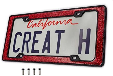 Creathome 3D Shining and Neon License Plate Frame from Pure Zinc Alloy Metal Perfect Plate Holder, Matt Black with Red Glitter