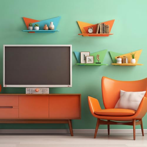 Image of Threehoney Mid-Century Modern Wall Set of 4 Colorful Floating Display Shelves Retro Style Starburst Wall Mounted Shelves Storage for Bedroom, Living Room Decor(Folding Geometry)
