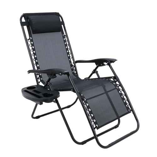 cozyliv 折りたたみ椅子 アウトドアチェア 折畳み インフィニティチェア リクライニングチェア 角度調節 枕つき プホルダー付き 仮眠 戸外 キャンプ 庭 ベランダ ビーチ ガーデン（黒＋カップホルダー）