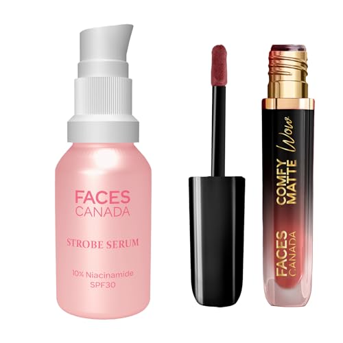 Image of FACES CANADA Skin & Lip Duo 1 - Comfy Matte Wow Liquid Lipstick - Choco Couture 01, 3.8ml + Strobe Serum Mini, 15ml with SPF 30 Sunscreen | Highly Pigmented | Removes Dark Spots & Hyperpigmentation | Long Lasting | Instant Glow