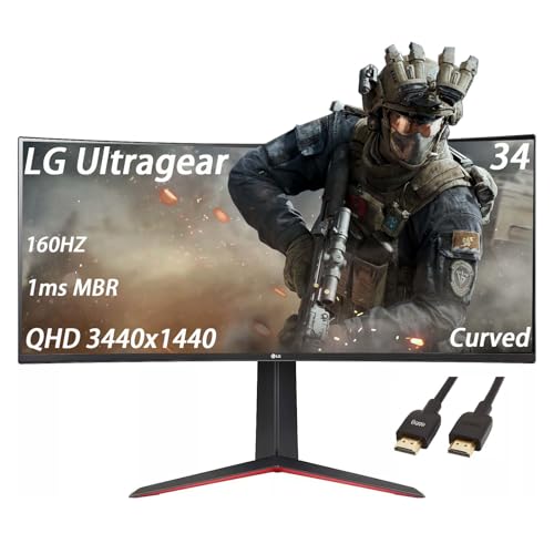 LG Ultragear 34 inch Ultrawide Curved Monitor, WQHD 3440 x 1440, 160HZ, 1ms MBR, 21:9 VA with HDR 10, AMD FreeSync Premium, Maxx Audio, Black Stabilizer, Better Aim, with HDMI