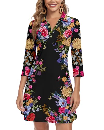 Image of WOWENY 3 /4 Sleeve Dress for Women with Pockets V Neck UPF 50+ Casual Sun Dress Breathable Quick Dry Beach Vacation