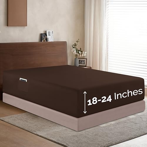 Elegant Comfort 1500 Premium Hotel Quality 18-24 Inches Deep - Extra Deep Pocket Single Fitted Sheet for High Mattress, Luxury and Softest, Smart Pocket - Wrinkle Free, King, Chocolate Brown
