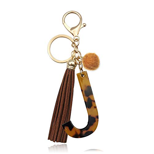 OKAICEN Leopard Alphabet Initial Letter Keychain Tassel Pendant Key Ring for Women Girls Purse Handbags ('J')