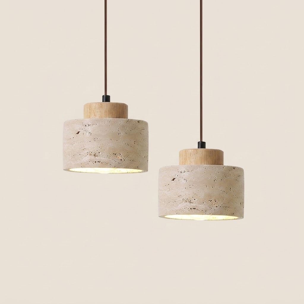 COSRUB Japanese Cylinder Travertine Hanging Lights Set of Two, Mini Stone Pendant Lamp Fixture Minimalist Farmhouse Chandelier for Bedroom Bedside Living Room(Wood,12cm/4.72in)