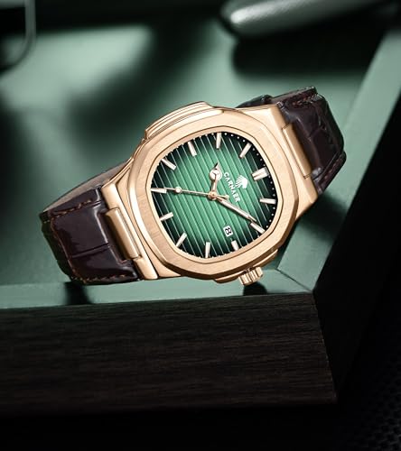 Image of Men Octagonal Rose Gold Luxury Watch for Boy Black Striped Dial, Date Display, Luminous Markers, 30M Waterproof, Leather Strap, Quartz Movement