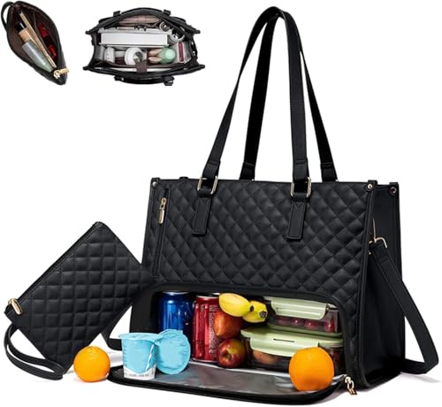 Borsa tote trapuntata 2 in 1 con scomparto termico per il pranzo, borsa da lavoro per laptop da 15,6 pollici da donna, borsa elegante per ufficio, viaggi e pendolari, Nero