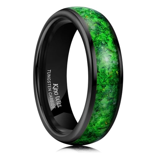 King Will Tungsten Carbide Wedding Band Rings for Men - 6mm Black/Rose Gold/Brown Promise Rings Inlay Green Grass Agate, Domed High Polished, Comfort Fit Size 7-14