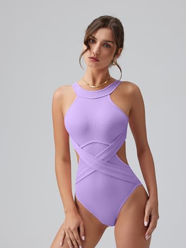 Image of OQQ Women's One Piece Swimsuits Tummy Control High Waisted Cross Bathing Suit Wrap Tie Back 1 Piece Swimwear