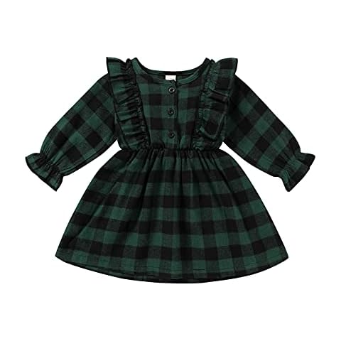 Toddler Baby Girl Clothes Classic Plaid Dress Ruffle Long Sleeve Casual Dresses Princess Fall Winter Outfits (18-24 Months, Green Plaid) Cover