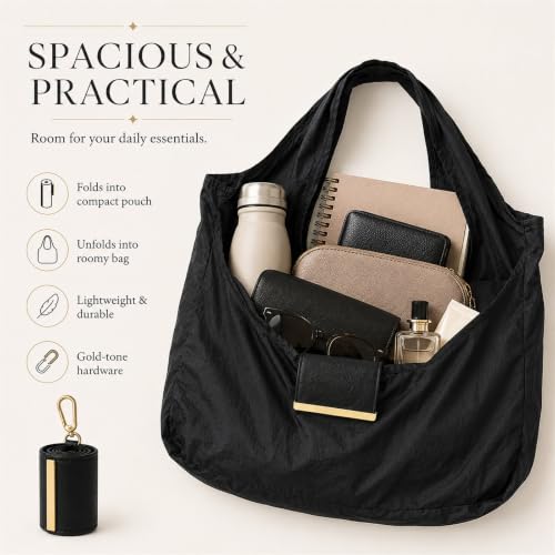 Generic Foldable Tote Purse with Keychain, Black - Image 6