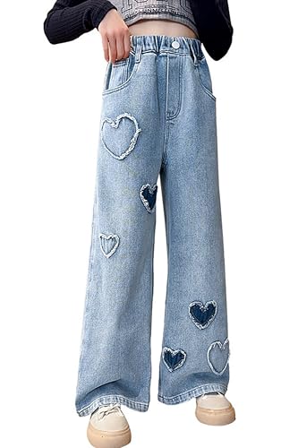 AOWKULAE Girls Heart Print Baggy Jeans Stretch Waist Wide-Leg Jeans, A2-Blue Heart, 6-7 Years = Tag 130