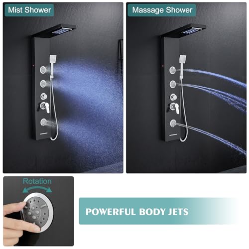 KINKIB LED Shower Panel Tower System, 6-in-1 Shower Tower with Rainfall Waterfall Shower Head, 2 Modes Powerful Body Jets, Handheld Shower and Tub Spout, Stainless Steel Shower Column, Black