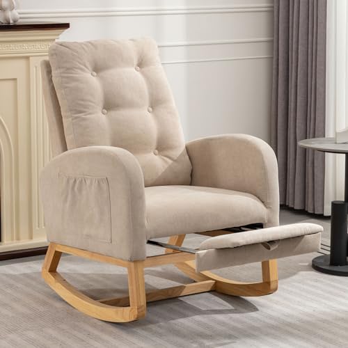 Image of ZKZLAT Rocking Chair with Foot Rest, Nursery Glider Teddy Gliding Rocking Chair with Retractable Footrest Rubber Wood Legs Side Pocket High Back & Wide Seat Nursing Chair for Living Room (Beige)