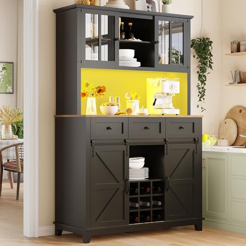 Laxnb Aparador Cocina con luz LED Aparadores Salon con Almacenaje, 105x38x180cm Aparador Entrada, Armario Alto Cocina Buffet Comoda Vitrina Mueble Auxiliar de Comedor, Muebles de Salon, Negro