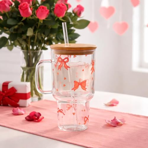 Image of Bow Glass Tumbler with Handle & Lid 1000ml | Iced Coffee Cup with Straw | Reusable Glass Mug for Cold & Hot Drinks Bow Design Iced Coffee Cup for Smoothies, Tea, Juice & Travel