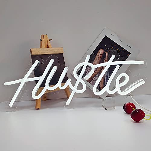 Updated Hustle Neon Sign, 5V USB Poweredr. Special Looking Neon Sign with Dimmable Switch, Neon Signs Hustle for Wall Decor,Light Weight, Portable for Home, shop, Supermarket, Wall, Party Decoration by FINMI,White