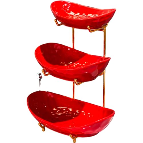 Cuencos de cerámica multicapa para servir frutas, verduras, aperitivos, nueces con soporte de metal, cesta de frutas escalonada para encimera de cocina