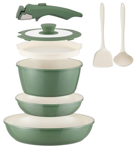 Ceramic Cookware Set Non Stick 8Pcs Pots and Pans Set Detachable Handle Induction Kitchen Cooking Set with Frying Pans Oven Dishwasher Safe, PFAS/PFOA Free, Forest Green