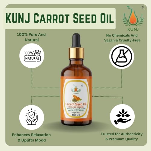 Image of KUNJ Carrot Seed Oil 100ML - Pure Natural Cold Pressed Carrier Oil for Glowing Skin, Face Care, Hair Nourishment, Massage, DIY Cosmetics & Daily Beauty Care
