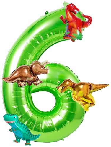 Large Dinosaur Balloon Number 6, 40 Inch Green Foil Mylar Balloon with 4 Mini Dinosaur Balloons, 6th Birthday Dino Party Decorations Supplies for Boys and Girls