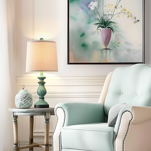 Image of PARTPHONER Traditional Table Lamp Set of 2, Rustic Farmhouse Table Lamps for Living Room Bedroom, 22 inch Bedside Desk Lamps Vintage Nightstand Lamps with Linen Shades, Green