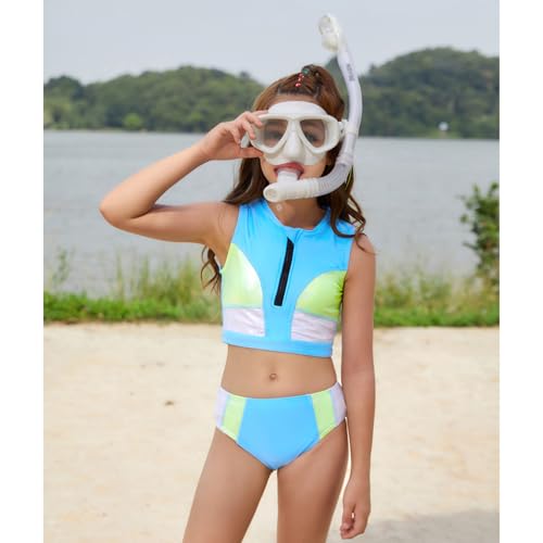 Image of Perfashion Girls Swimsuit Two Piece Color Block Tankini Zipper Bathing Suits High Waisted Sporty Teens