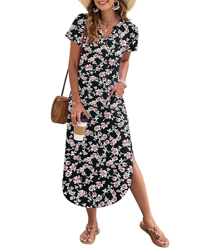 Image of MISFAY Women's Summer Maxi Dress 2026 Casual Short Sleeves V Neck Loose Sundress Split Long Beach T Shirt Dress