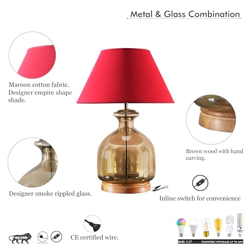 Image of Alper Smoke Luster Glass Table Lamp with Maroon Cotton Shade | Modern Designer Bedside & Living Room Decorative Table Light (Bulb Included)