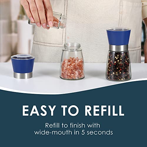 Vzaahu Salt And Pepper Grinder Set Blue - Refillable Small Sea Salt & Peppercorn Shakers Set, Adjustable Coarseness, Ceramic Burr, Premium Glass Salt & Pepper Mill #TOP3