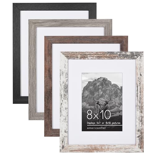 Americanflat 素朴な8x10 写真フレーム 4枚セット - マット付き5x7インチ写真フレームまたはマットなしの8x10フレームとして使用 - テクスチャード加工木材、飛散防止ガラス、イーゼル付きフォトフレーム（Amazon）
