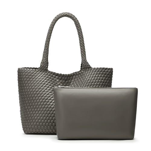 Sumrains Woven Tote Bag for Women: Handwoven Vegan Leather Bag with Detachable Clutch for Effortless Vacation Outfits (Grey) by Sumrains - Used condition - US$31.64