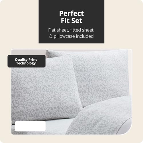 Image of Tahari Home - King Sheets, 4-Piece Cotton Flannel Bedding with Matching Pillowcases, Brushed for Extra Softness, Cozy Home Decor (Scroll Gray, King)