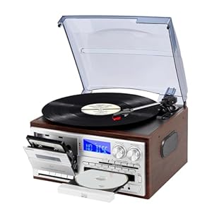 Record Player 9 in 1 3 Speed Bluetooth Vintage Turntable CD Cassette Vinyl Player AM/FM Radio USB/SD Playback Aux-in RCA Line-Out (Silver)