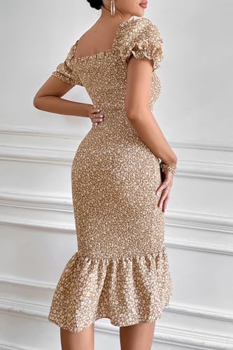 PRETTYGARDEN Bodycon Midi Dresses 2025 Summer Floral Puff Sleeve Mermaid Cocktail Baby Shower Photoshoot Maternity Dress2