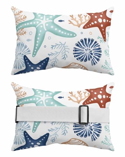 Starfish Navy Blue Outdoor Chaise Lounge Head Pillow,Throw Pillow Soft Lumbar Pillows with Elastic Straps and Insert,1 Pack Headrest Cushion for Patio Teal Brown Blue Shell Ocean Coral Conch 11