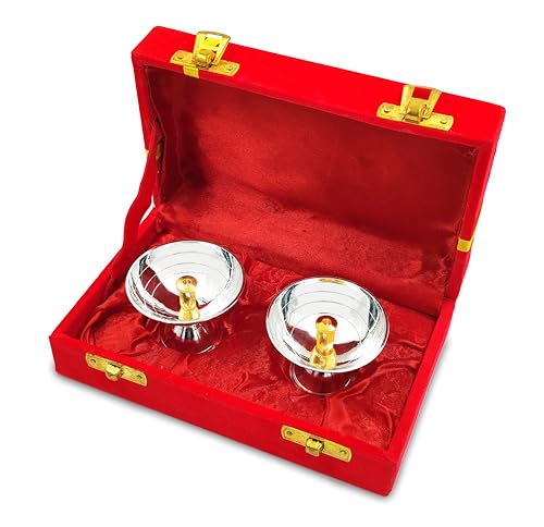 Diya Silver Plated with Red Velvet Gift Box Brass Piyali Dia Pooja Items Diwali Decoration Puja Gifts Handmade Oil Lamp Traditional Indian Deepawali Gift Items