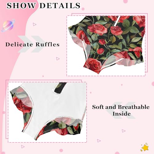 Girls One Piece Swimsuits Long Sleeve Swimsuit Zipper Bathing Suits Red Roses Flower Black4