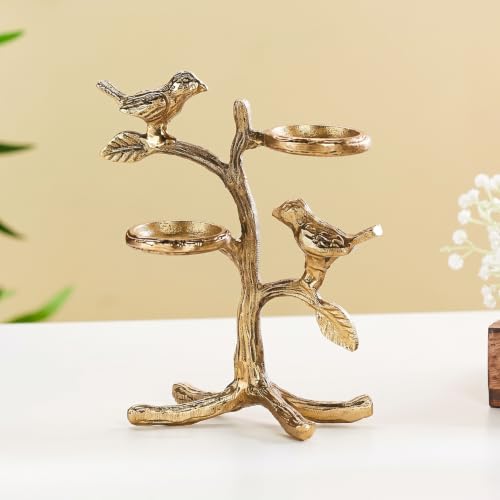 Image of Amazon Brand - Solimo Metal Birds Tree Tea Light Candle Holder | Gold Finish | Decorative Centerpiece for Home, Living Room & Puja | Good Luck Gift with Glass for Votive Candle (Candles Not Included)