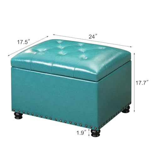 Image of Joveco Leather Storage Ottoman, 24 inch Rectangle Tufted Upholstered Bench, Foot Rest Stool with Wood Legs, Footstool for Living Room, Bedroom