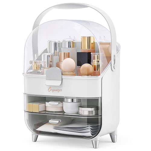 BTGGG Cosmetic Organizer Box with Drawers, Multifunctional Portable Dustproof Waterproof Cosmetic Storage Case, Stylish Skincare & Beauty Organizer for Bedroom Bathroom Vanity Desktop (Silver)