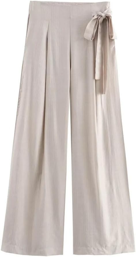 Women's Pleated Solid Bow Side Tie Straight Pants