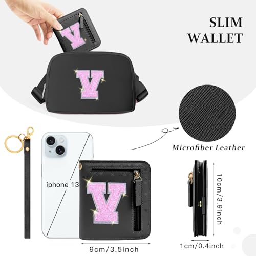 Image of COSHAYSOO Initial Wallet RFID Small Bifold Slim Letter Wallet for Women Teenager Girls Travel Daily Necessities Credit Cards Money Cash Coin Organizer, Black, Compact, V