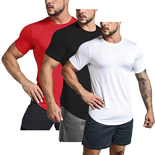 GYM REVOLUTION Men s 3 Pack Workout Gym Hipster Curved Hem T-Shirts Muscle Fitness Hip Hop T Shirt Black White Red XL